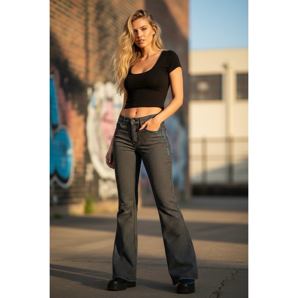 Gypsy Soule "Jailbird" 🖤Striped Flare Jeans Black Pinstripe Rock N Roll Grunge8